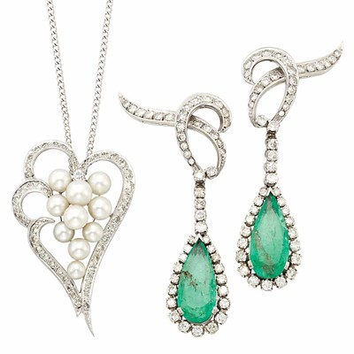 Lot 757 - Pair of Platinum, Emerald and Diamond Pendant-Earclips and White Gold, Cultured Pearl and Diamond Pendant with Chain