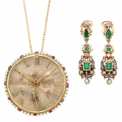 Lot 563 - Gold, Seed Pearl and Synthetic Ruby Pendant with Chain and Pair of Gold, Silver, Emerald and Diamond Pendant-Earclips