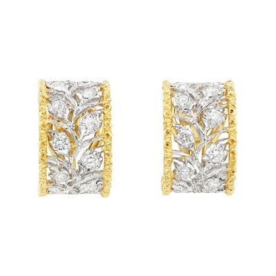 Lot 289 - Pair of Two-Color Gold and Diamond Hoop Earclips, Buccellati