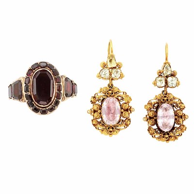 Lot 562 - Antique Gold and Garnet Ring and Pair of Cannetille Gold, Yellow Chrysoberyl and Pink Topaz Pendant-Earrings