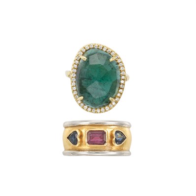 Lot 387 - Two-Color Gold, Ruby and Sapphire Band Ring and Gold, Green Tourmaline and Diamond Ring