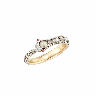 Lot 597 - Antique Silver, Gold, Diamond and Cabochon Ruby Serpent Ring