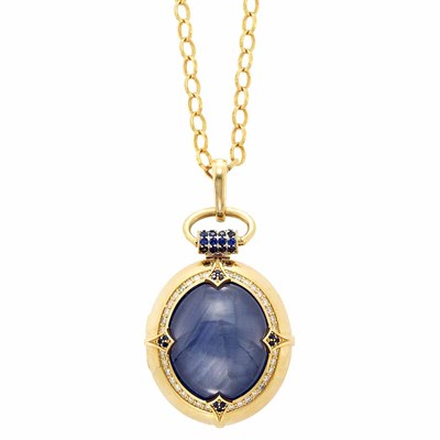 Lot 379 - Gold, Star Sapphire, Diamond and Sapphire Locket Chain Necklace