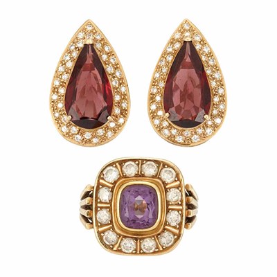 Lot 412 - Pair of Gold, Garnet and Diamond Earrings and Amethyst and Diamond Ring