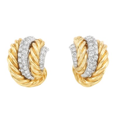Lot 254 - Pair of Gold, Platinum and Diamond Earrings