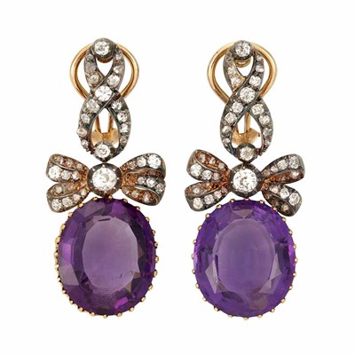 Lot 567 - Pair of Antique Silver, Gold, Diamond and Amethyst Pendant-Earrings