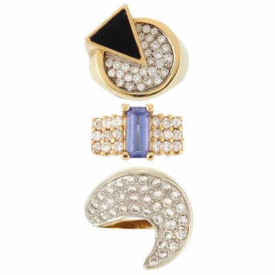 Lot 378 - Three Gold, Tanzanite, Black Onyx and Diamond Rings