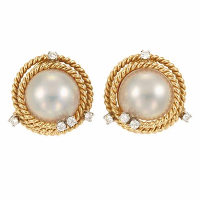 Lot 393 - Pair of Gold, Platinum, Diamond and Mabe Pearl Earrings, Tiffany & Co., Schlumberger