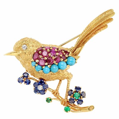 Lot 732 - Gold, Gem-Set, Turquoise and Diamond Bird Brooch