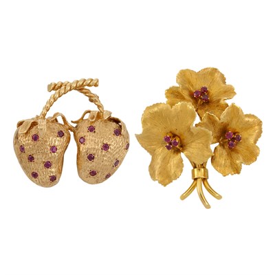 Lot 726 - Gold and Ruby Leaf Brooch, Tiffany & Co., and Acorn Brooch