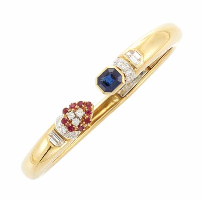 Lot 313 - Gold, Platinum, Sapphire, Ruby and Diamond Bangle Bracelet, David Webb