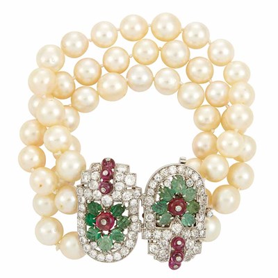 Lot 740 - Triple Strand Cultured Pearl Bracelet with Platinum, Diamond, Carved Emerald and Ruby Bead 'Tutti Frutti Clasp