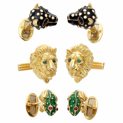 Lot 710 - Three Pairs of Gold, Enamel and Gem-Set Animal Cufflinks