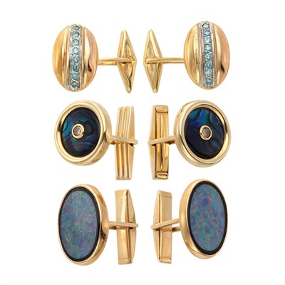 Lot 935 - Three Pairs of Gold, Black Opal Doublet, Fancy Colored Diamond and Gem-Set Cufflinks