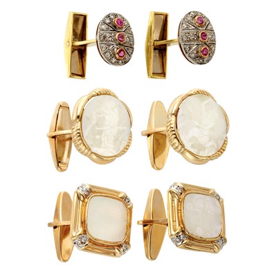 Lot 422 - Three Pairs of Gold, Carved Mother-of-Pearl, Diamond and Synthetic Ruby Cufflinks