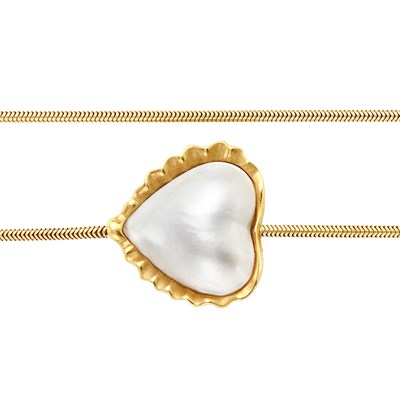 Lot 728 - Long Gold and Mabe Pearl Snake Chain Pendant-Necklace, Angela Cummings