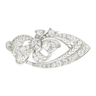 Lot 739 - Platinum and Diamond Filigree Bow Brooch