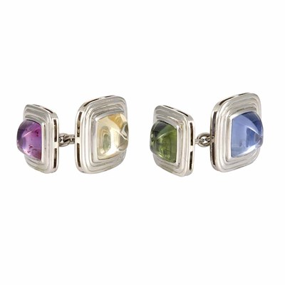 Lot 587 - Pair of Platinum and Multicolored Cabochon Sapphire Cufflinks