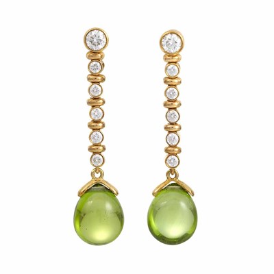 Lot 371 - Pair of Gold, Diamond and Peridot Pendant-Earrings