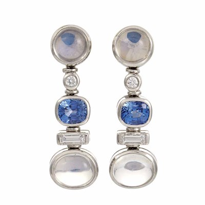Lot 211 - Pair of Platinum, Moonstone, Sapphire and Diamond Pendant-Earclips