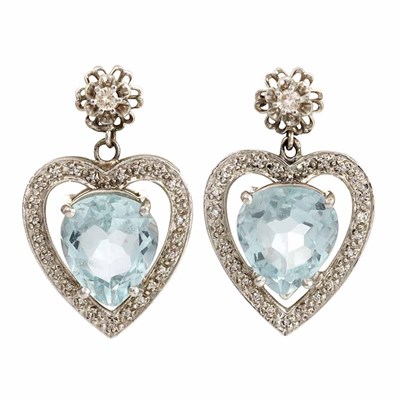 Lot 619 - Pair of White Gold, Aquamarine and Diamond Pendant-Earrings