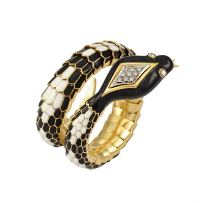 Lot 22 - Gold, Black and White Enamel and Diamond Snake Bracelet