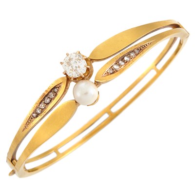 Lot 76 - Antique Gold, Diamond and Button Pearl Bangle Bracelet