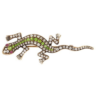 Lot 78 - Antique Silver, Gold, Diamond and Demantoid Garnet Lizard Pin