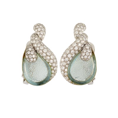 Lot 454 - Pair of White Gold, Stippled Aquamarine and Diamond Earclips