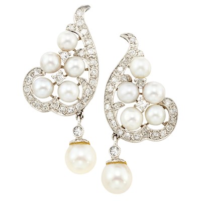 Lot 500 - Pair of Platinum, Cultured Pearl and Diamond Pendant-Earrings