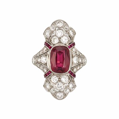 Lot 606 - Platinum, Pink Tourmaline, Ruby and Diamond Ring