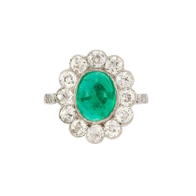 Lot 483 - Platinum, Cabochon Emerald and Diamond Ring