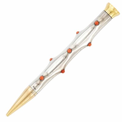 Lot 590 - Sterling Silver, Gold and Coral Mechanical Pencil, Tiffany & Co., Schlumberger, France