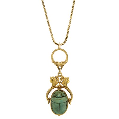 Lot 299 - Egyptian Revival Gold and Faience Scarab Pendant with Gold Chain Necklace