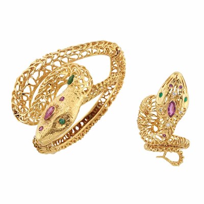 Lot 679 - Gold and Gem-Set Snake Bangle and Ring