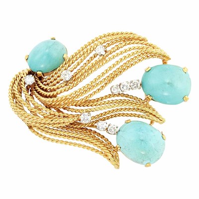 Lot 824 - Gold, Turquoise and Diamond Leaf Brooch