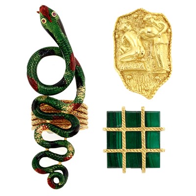 Lot 645 - Three Gold, Enamel and Malachite Rings