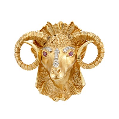 Lot 734 - Gold, Ruby and Diamond Ram's Head Pendant-Brooch