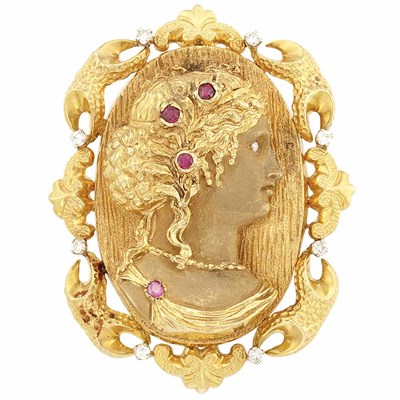 Lot 663 - Gold, Ruby and Diamond Cameo Pendant-Brooch
