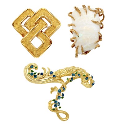 Lot 715 - Three Gold, Enamel and Opal Brooches