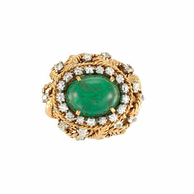 Lot 320 - Gold, Cabochon Emerald and Diamond Ring