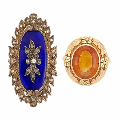 Lot 786 - Gold and Citrine Ring and Antique Gold, Silver, Enamel and Diamond Ring