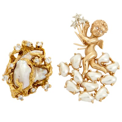 Lot 657 - Gold, Baroque Freshwater Pearl and Diamond Ring and Brooch
