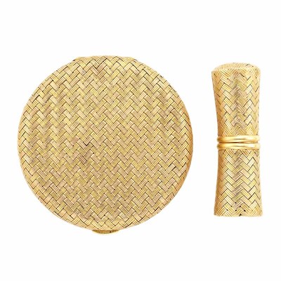 Lot 522 - Two-Color Gold Basketweave Compact and Lipstick Case
