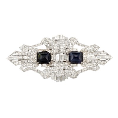 Lot 472 - Platinum, Cabochon Sapphire and Diamond Double Clip-Brooch
