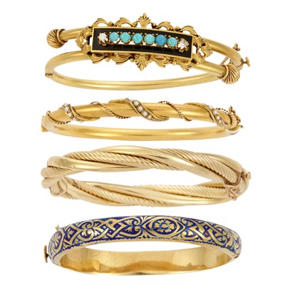 Lot 572 - Four Gold, Enamel, Split Pearl and Turquoise Bangles