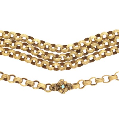Lot 571 - Antique Gold Muff Chain with Gold and Turquoise Clasp