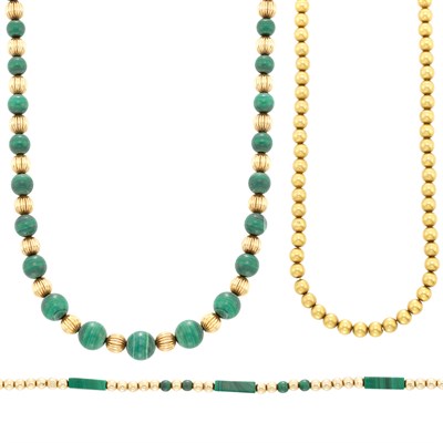 Lot 552 - Gold and Malachite Bead Necklace and Bracelet and Gold Bead Necklace