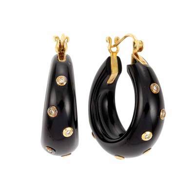 Lot 397 - Pair of Black Onyx, Gold and Diamond Hoop Earrings
