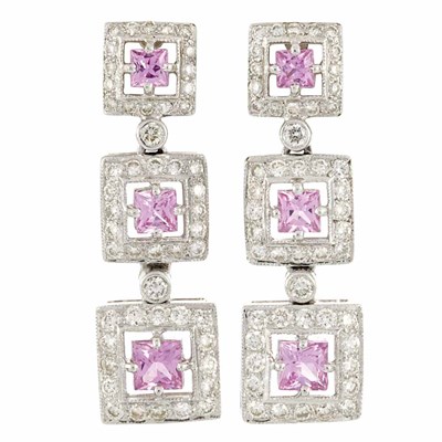 Lot 627 - Pair of White Gold, Pink Sapphire and Diamond Pendant-Earrings